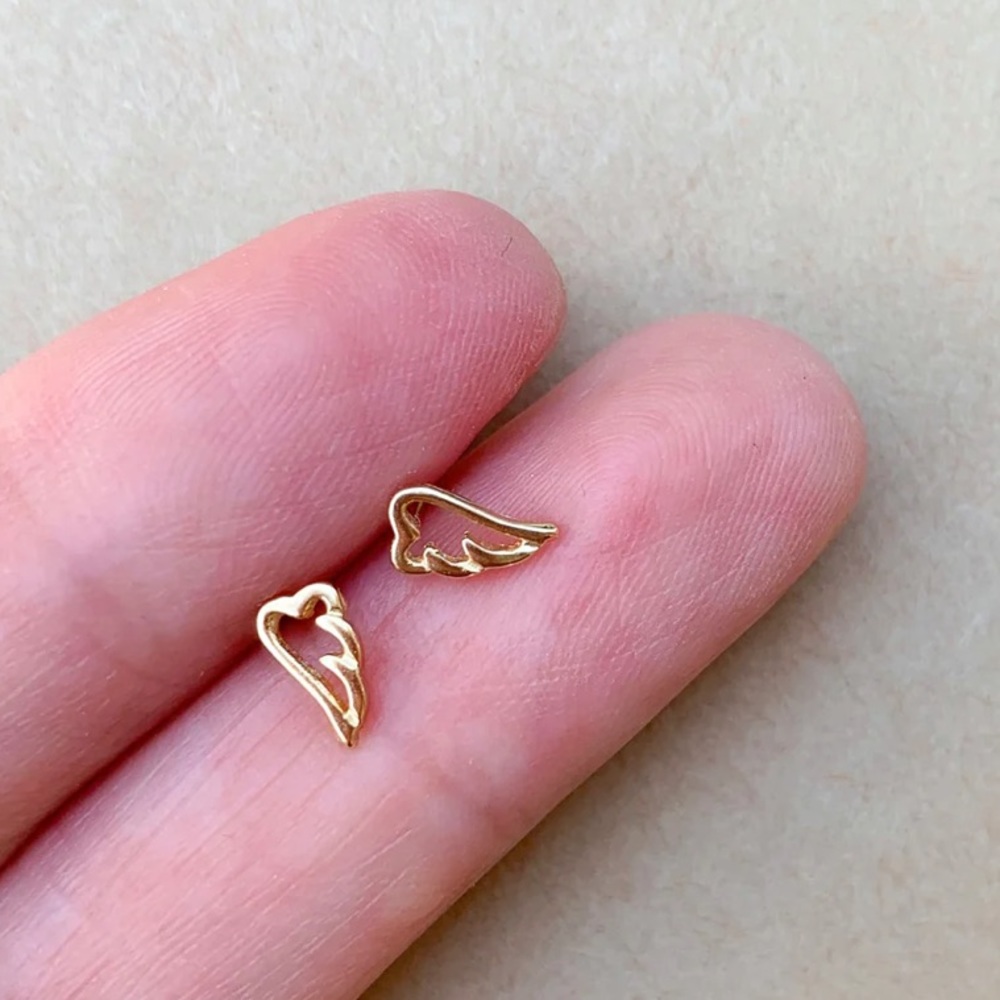 14k OR 925 Sterling Silver Teeny Tiny Gaurdian Angel Wings Micro Stud Ea… - Picture 10 of 11